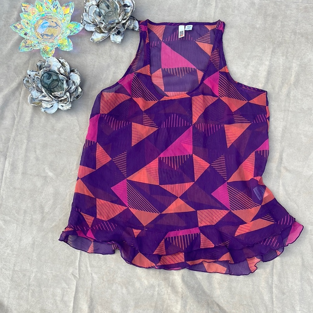 💛 Route 66 Purple Orange Pink Sheer Women Tank Top - L